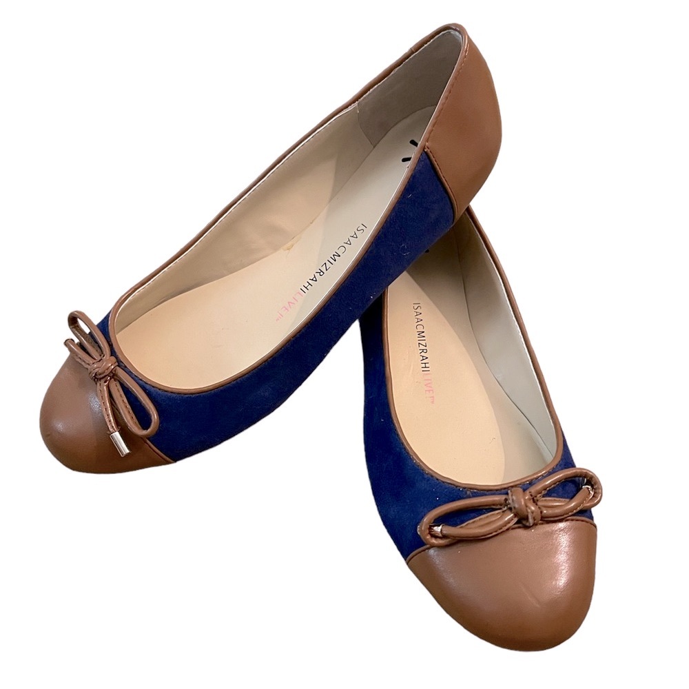 Isaac Mizrahi Live! Leather Ballet Flat Blue Suede & Brown Two-Tone Cap-Toe 7.5
